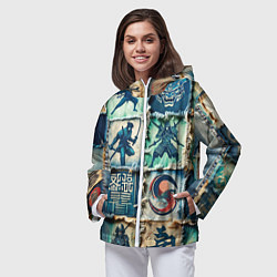 Ветровка с капюшоном женская Самураи на пэчворк дениме, цвет: 3D-белый — фото 2