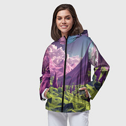 Ветровка с капюшоном женская Геометрический зеленый пейзаж и фиолетовые горы, цвет: 3D-черный — фото 2