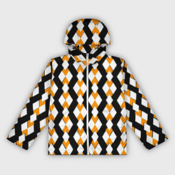 Ветровка с капюшоном женская Жёлтые и белые ромбы на чёрном фоне, цвет: 3D-белый