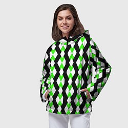 Ветровка с капюшоном женская Зелёные и белые ромбы на чёрном фоне, цвет: 3D-черный — фото 2
