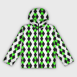 Ветровка с капюшоном женская Чёрные и зелёные ромбы на белом фоне, цвет: 3D-черный