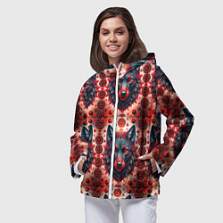 Ветровка с капюшоном женская Серые волки на красном фоне, цвет: 3D-белый — фото 2