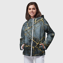 Ветровка с капюшоном женская Золотые линии на серо-голубом фоне, цвет: 3D-белый — фото 2