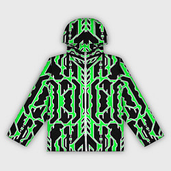 Ветровка с капюшоном женская Техно зелёные линии с белой обводкой на чёрном фон, цвет: 3D-белый