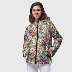 Ветровка с капюшоном женская Нежные цветочные мотивы паттерны, цвет: 3D-черный — фото 2