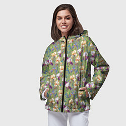 Ветровка с капюшоном женская Ирисы и стрекозы на зеленом, цвет: 3D-черный — фото 2