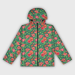 Ветровка с капюшоном женская Тюлпаны с бабочками, цвет: 3D-черный