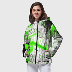 Ветровка с капюшоном женская Бело-зелёная абстракция на чёрном фоне, цвет: 3D-черный — фото 2