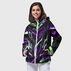 Ветровка с капюшоном женская Фиолетово-белые абстрактные линии на чёрном фоне, цвет: 3D-белый — фото 2