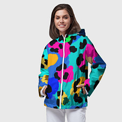 Ветровка с капюшоном женская Радужный неоновый леопард, цвет: 3D-белый — фото 2