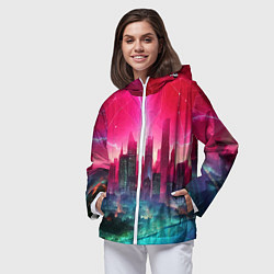 Ветровка с капюшоном женская Неоновая гроза в мегаполисе - удар молнии, цвет: 3D-белый — фото 2