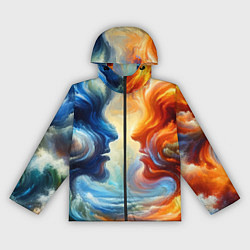 Ветровка с капюшоном женская Профили парня и девушки - две стихии, цвет: 3D-черный