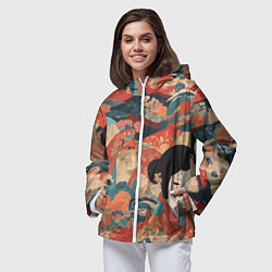 Ветровка с капюшоном женская Японский орнамент с девушкой, цвет: 3D-белый — фото 2