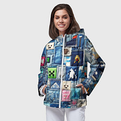 Ветровка с капюшоном женская Minecraft на пэчворк джинсах, цвет: 3D-белый — фото 2