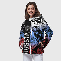 Ветровка с капюшоном женская Герб России на фоне матрёшек балалайки и славянски, цвет: 3D-белый — фото 2