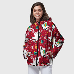 Ветровка с капюшоном женская Новогодний паттерн с котиками, цвет: 3D-черный — фото 2