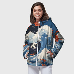 Ветровка с капюшоном женская Япония волны алые цветы, цвет: 3D-белый — фото 2