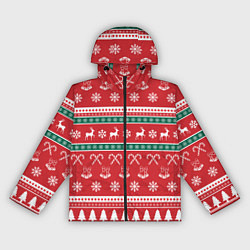 Ветровка с капюшоном женская Новогодний паттерн с оленями снежинками леденцами, цвет: 3D-черный