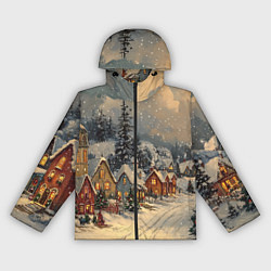Ветровка с капюшоном женская Новогодние зимние домики, цвет: 3D-черный