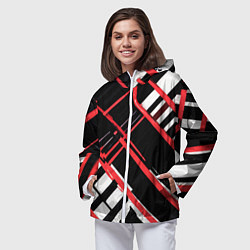Ветровка с капюшоном женская Красно-белые линии на чёрном фоне, цвет: 3D-белый — фото 2