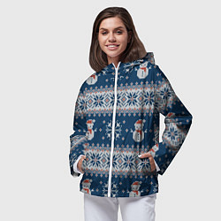 Ветровка с капюшоном женская Вязаный зимний узор со снеговиками, цвет: 3D-белый — фото 2
