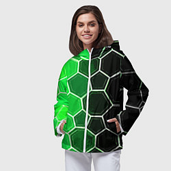 Ветровка с капюшоном женская Белые шестиугольники на чёрно-зелёном фоне, цвет: 3D-белый — фото 2