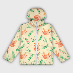 Ветровка с капюшоном женская Новогодний узор с оленями и веточками, цвет: 3D-белый