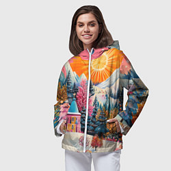 Ветровка с капюшоном женская Новый год - горы и пейзаж, цвет: 3D-белый — фото 2