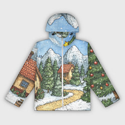 Ветровка с капюшоном женская Новогодний пейзаж, цвет: 3D-белый