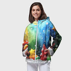 Ветровка с капюшоном женская Акварельные новогодние елки, цвет: 3D-белый — фото 2