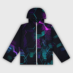 Ветровка с капюшоном женская Розово-голубые точки и линии на чёрном фоне, цвет: 3D-белый