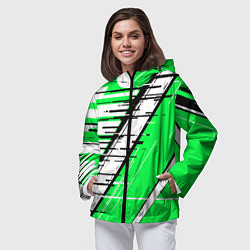 Ветровка с капюшоном женская Чёрно-белые глитч полосы на зелёном фоне, цвет: 3D-черный — фото 2
