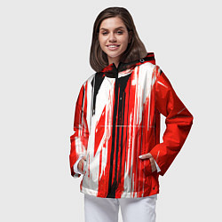 Ветровка с капюшоном женская Вертикальные чёрно-белые линии на красном фоне, цвет: 3D-черный — фото 2