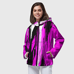 Ветровка с капюшоном женская Вертикальные чёрно-белые линии на розовом фоне, цвет: 3D-черный — фото 2
