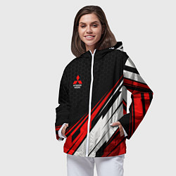 Ветровка с капюшоном женская Mitsubishi - красная абстракция, цвет: 3D-белый — фото 2