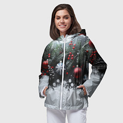 Ветровка с капюшоном женская Елочные игрушки и снег, цвет: 3D-белый — фото 2
