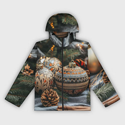 Ветровка с капюшоном женская Новогодние шары и шишки, цвет: 3D-черный