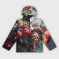 Ветровка с капюшоном женская Новогодние украшения на ветках, цвет: 3D-черный