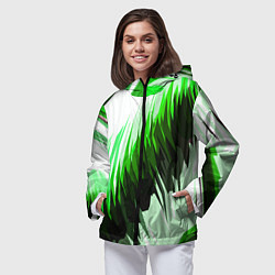 Ветровка с капюшоном женская Чёрно-зелёные острые полосы на белом фоне, цвет: 3D-черный — фото 2