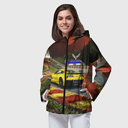 Ветровка с капюшоном женская Chevrolet Corvette на гоночной трассе, цвет: 3D-черный — фото 2