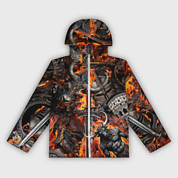 Ветровка с капюшоном женская Гладиатор и минотавр на фоне огня мечей и щитов, цвет: 3D-белый