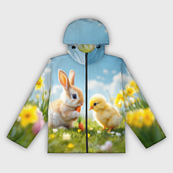 Ветровка с капюшоном женская Кролик и цыпленок встречают Пасху, цвет: 3D-черный