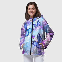 Ветровка с капюшоном женская Бабочки и сирень - нежная голубая живопись, цвет: 3D-черный — фото 2