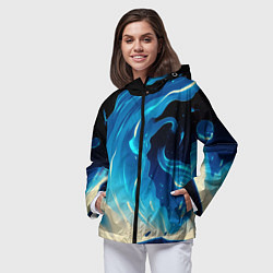 Ветровка с капюшоном женская Бело-синее пламя из абстрактных красок, цвет: 3D-черный — фото 2