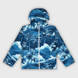 Ветровка с капюшоном женская Пальмы и волны - голубые оттенки паттерн, цвет: 3D-белый