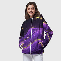 Ветровка с капюшоном женская Фиолетовая текстура с золотыми звездочками, цвет: 3D-белый — фото 2