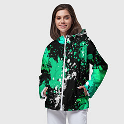 Ветровка с капюшоном женская Брызги бирюзовых и белых красок на черном, цвет: 3D-белый — фото 2