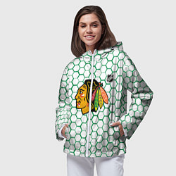 Ветровка с капюшоном женская Чикаго Блэкхокс - белые соты с зеленой обводкой, цвет: 3D-белый — фото 2