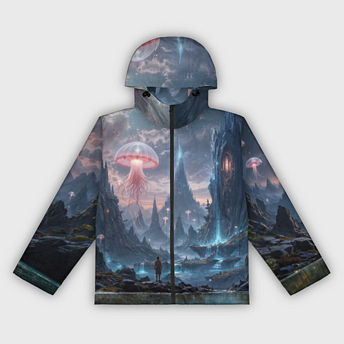 Женская ветровка Фантастический мир с медузами и озеро у гор / 3D-Черный – фото 1