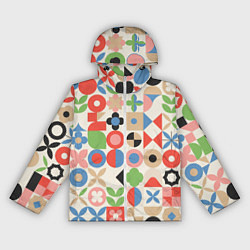 Ветровка с капюшоном женская Геометрический узор с цветочными элементами - ретр, цвет: 3D-белый